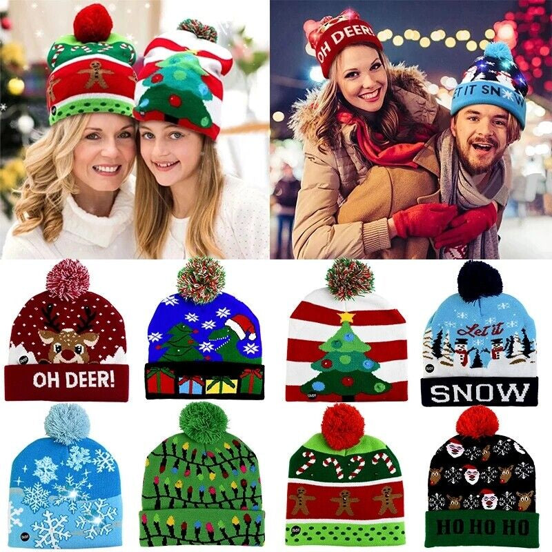 Cute LED Christmas Hat Light up Christmas Knitted Beanie Holiday Hat Warm Cap US